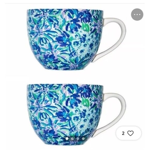 Lilly Pulitzer Mugs Set 2 Blue Floral Gold White Porcelain Coffee/Tea Cups 12 oz - Picture 2 of 8